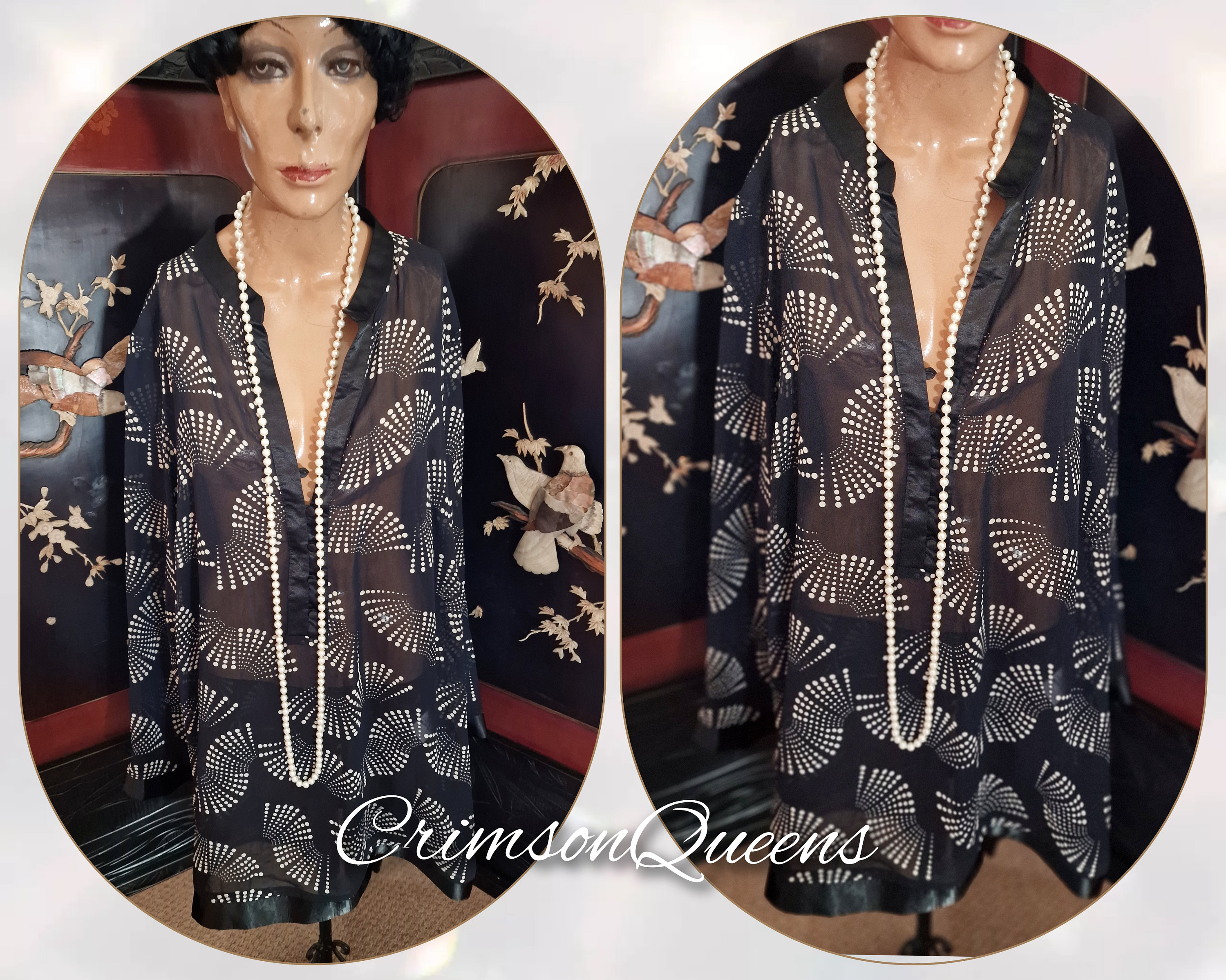 Vintage Art Deco Downton Abbey oriental silk black white chiffon fan print tunic blouse Miss Fisher 1920's flapper size UK 10 US 6