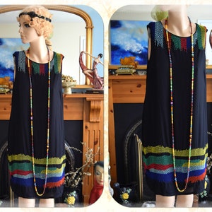 Vintage Art Deco Black Rainbow Colorful Art Deco Avant Garde 1920s Vintage Flapper Beaded dress Size UK 14  US 10