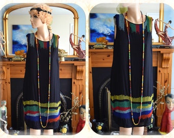 Vintage Art Deco Black Rainbow Colorful Art Deco Avant Garde 1920s Vintage Flapper Beaded dress Size UK 10  US 6