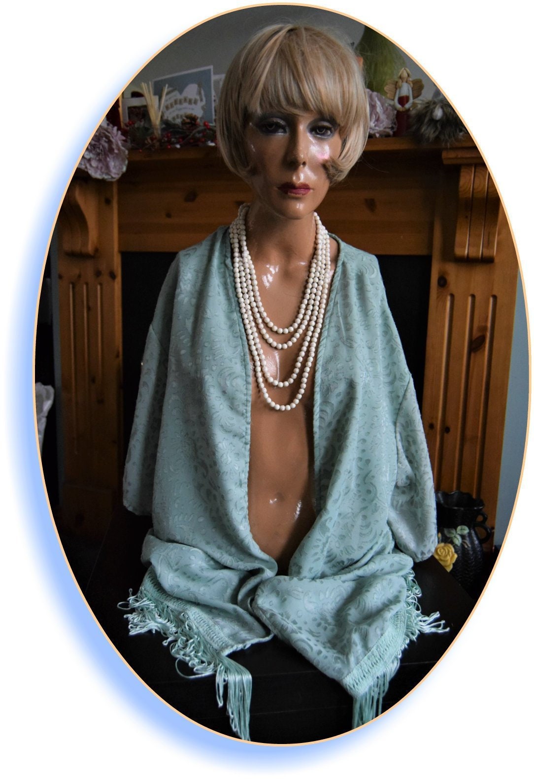 Image of Vintage Duck Egg Green Oriental Art Deco Devore Tasselduster Coat Kimono Jacket 's Flapper Size Uk  Us