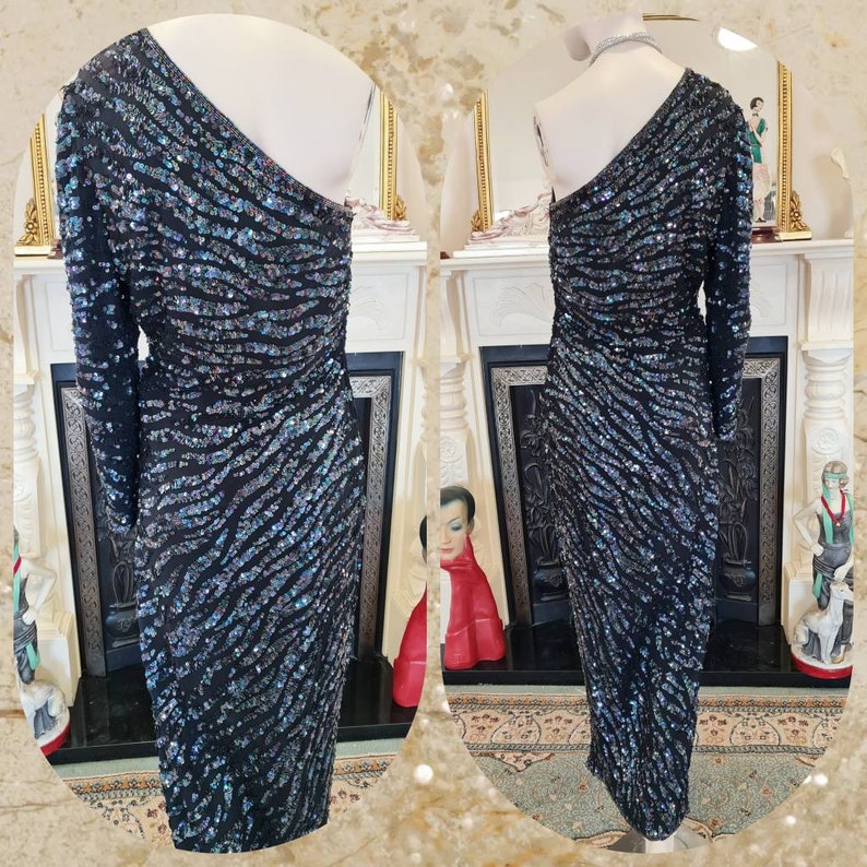 Hollywood goddess midnight blue stage performance Rifat Ozbek designer sequined maxi dress flapper 1920s 1930s dress gown size UK 12 US 8 image 8