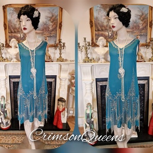 Vintage Great Gatsby teal beaded proper flapper style dress  1920s beaded embellished tassel dress UK 6 US 2 XS