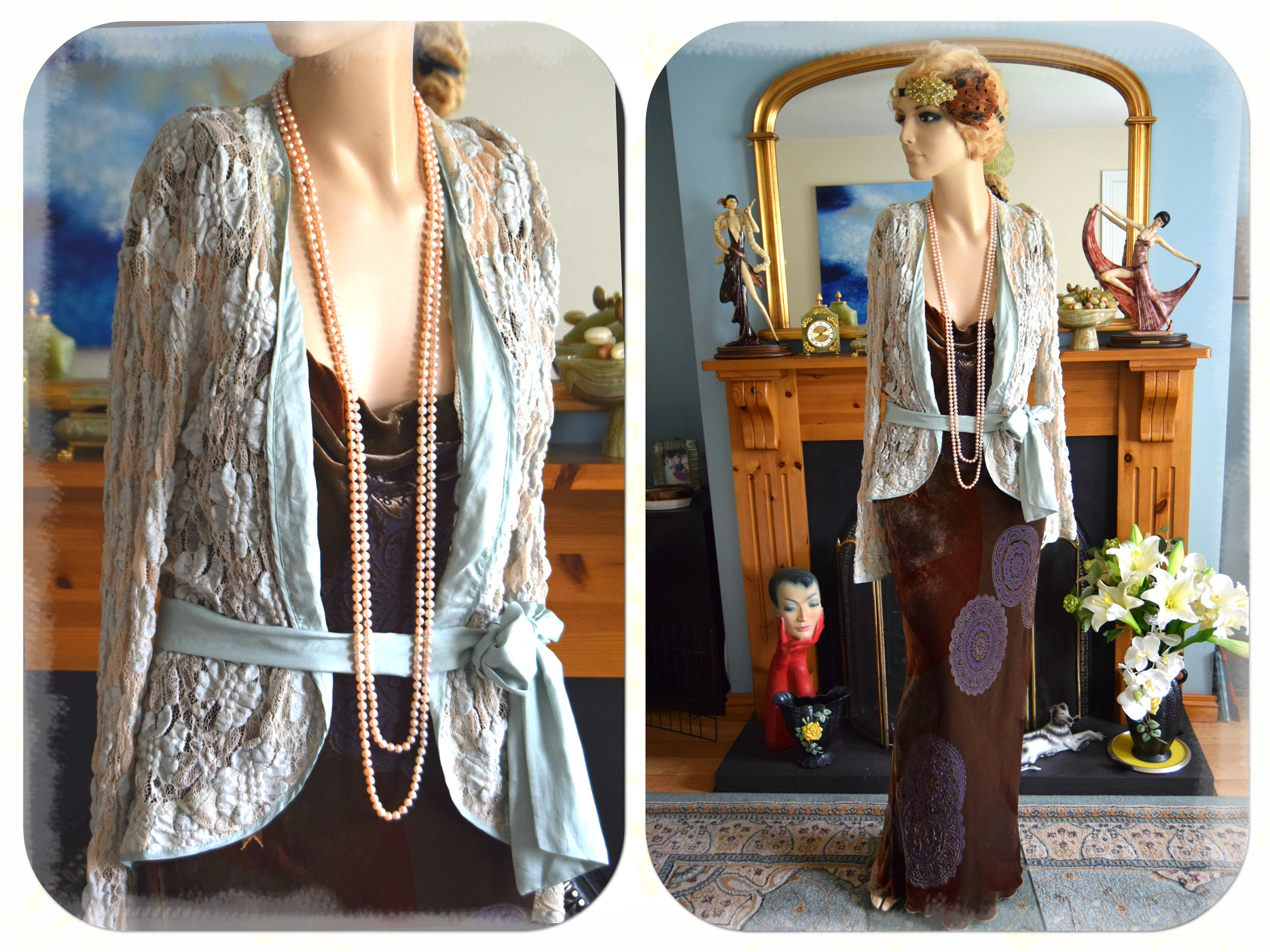 Image of Beautiful Green Art Deco Short Jacket Great Gatsby Downton Abbey Lacy Cardigan Flapper S Duster Size Uk   Us
