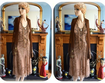 Petite Flapper dress, Great Gatsby Art Deco dress, Downton Abbey Vintage Embellished Toffee Gold Dress, Evening Gown, Size UK  10 US 6