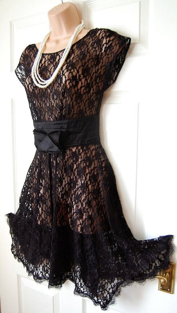 Buy Vintage Sheer Lace Black Satin Romantic Bow Gatsby Dress UK 10  