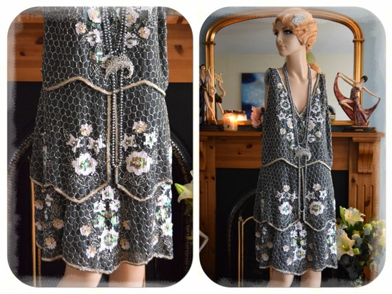 1920s dress Art Deco dress Flapper bead dress Gre… - image 1