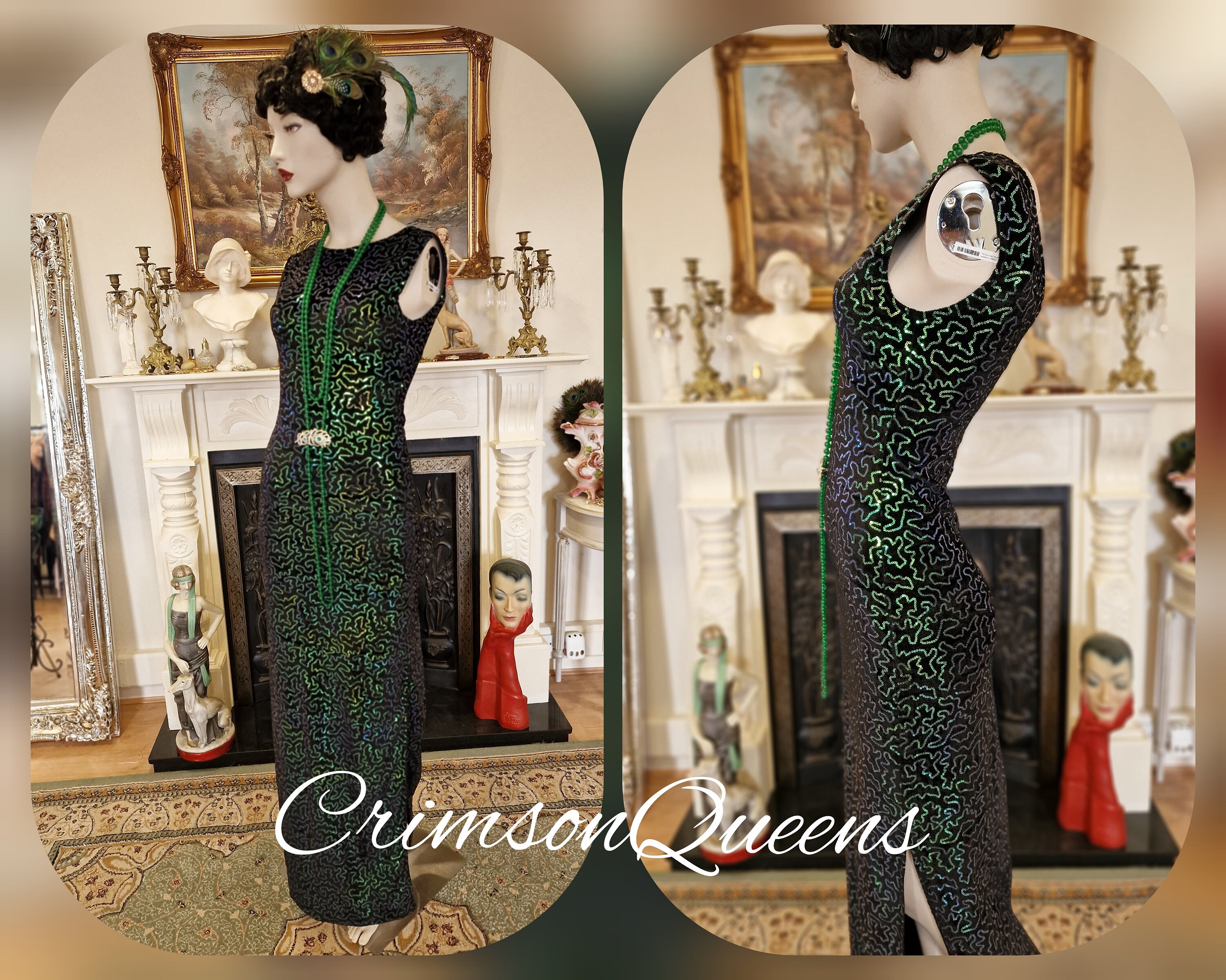Vintage sequinned emerald green statement dress flapper evening Downton Abbey 1920s Marilyn Monroe maxi dress UK 6 8 US 2 4 Vintage sequinned emerald green statement dress flapper evening Downton Abbey 1920s Marilyn Monroe maxi dress UK 6 8 US 2 4