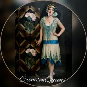 Vestido estilo flapper de los años 20, vestido estilo El Gran Gatsby, vestido estilo Downton Abbey, vestido estilo Miss Fisher, vestido vintage de seda con estampado de pavo real, talla UK 10 US 6