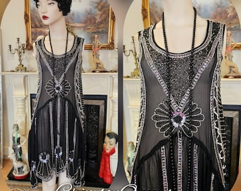 Vintage Downton Abbey Great Gatsby black beaded sheer mesh dress 1920s flapper dress UK 10  US 6