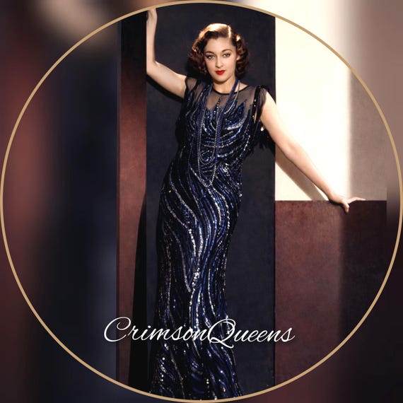 Vintage Great Gatsby 1920s Downton Abbey Navy blue Mesh Sequinned Embellished Flapper Maxi Evening Dress size Uk 6 8 US 2 4
