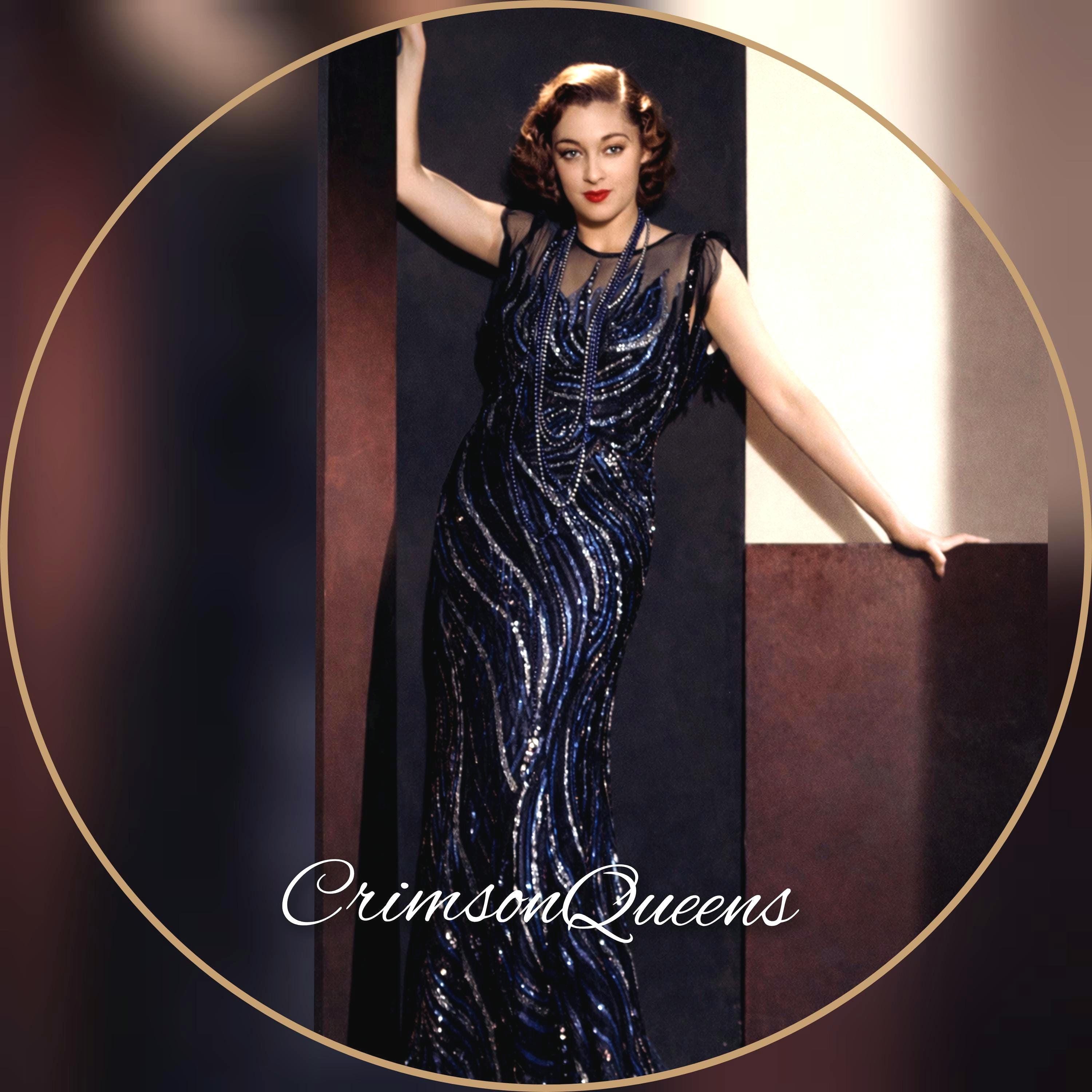 Vintage Great Gatsby 1920s Downton Abbey Navy blue Mesh Sequinned Embellished Flapper Maxi Evening Dress size Uk 6 8 US 2 4