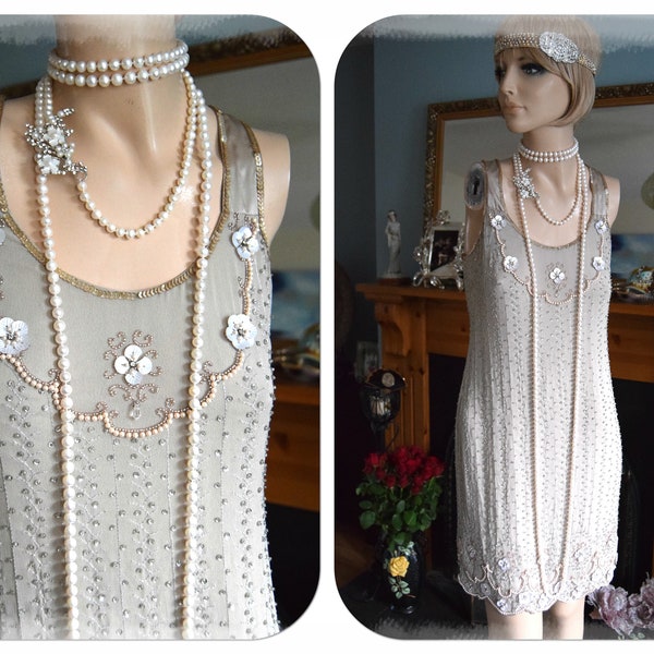 1920s dress flapper dress Great Gatsby dress 1920s  dress Vintage silk Beaded dress 1920s wedding dress flapper bride dress UK 6 8 US 2 4