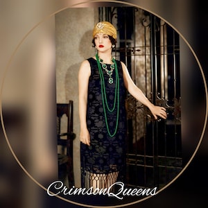 Vintage devore Black damask 1920s flapper oriental ensemble tasseled kimono duster fringe suit dress size UK 12 14 US 8 10