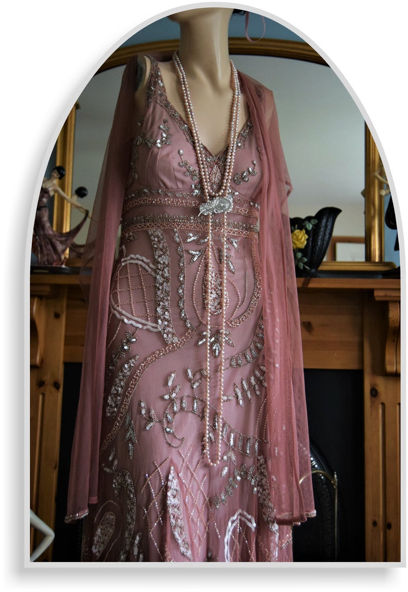 Downton Abbey Dress Great Gatsby dress Flapper Dress 1920s dress flapper beaded dress Dusty Pink 1930s evening dress Size UK 16 US 12