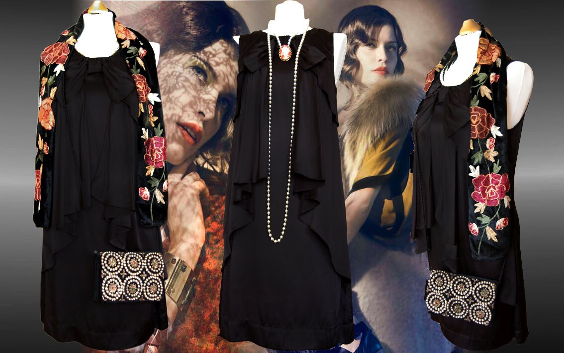 Image of Art Deco Silk 's Vintage Flapper Evening Dress Size Uk   Us