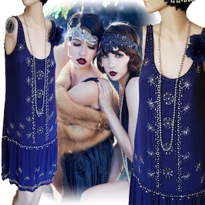 Vestido vintage azul púrpura oriental Downton Abbey de los años 20 estilo flapper con lentejuelas y adornos de cuentas Gran Gatsby de seda 100 % seda. Tallas: Reino Unido 8, EE. UU. 4.