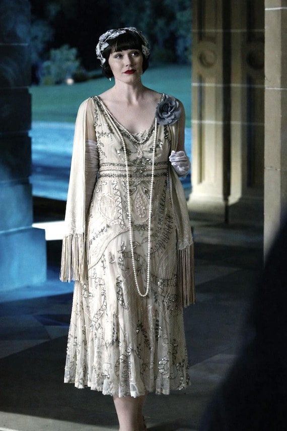downton abbey dinner dresses Art Deco Downton Abbey Vintage Embellished Beaded Cream Silver Gold Floral Dress Evening Gown Size UK 14 US 10
