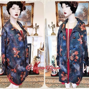 Autumn coat Art Deco bohemian coat flapper coat silk crinkled roamantic impressionist print long jacket 1920s size UK 10 12 US 6 8