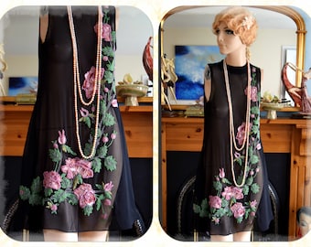 Vintage Mesh Embroidered beaded 1920s style Black Sheer Floral Dress size Uk 10 US 6