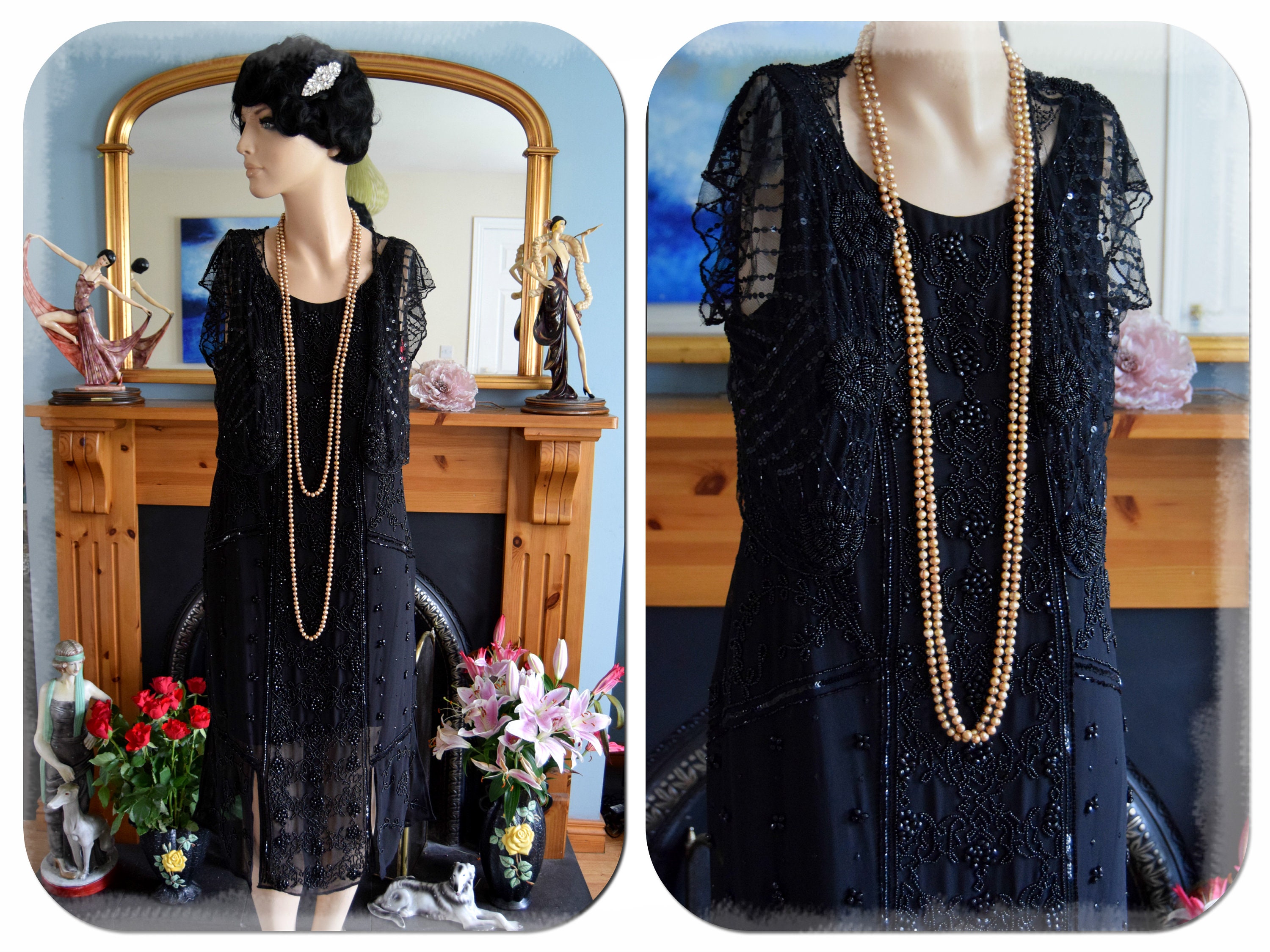 Image of Beautiful Flapper 's Tabard Vintage Downton Abbey Heavily Embellished Evening Dress Size Uk   Us