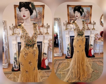 Spectacular one of the kind vintage 1920s 1930s Art Deco Peacock Queen sequined beads feathered lace gold dress ballgown size UK 6 8 US 2 4