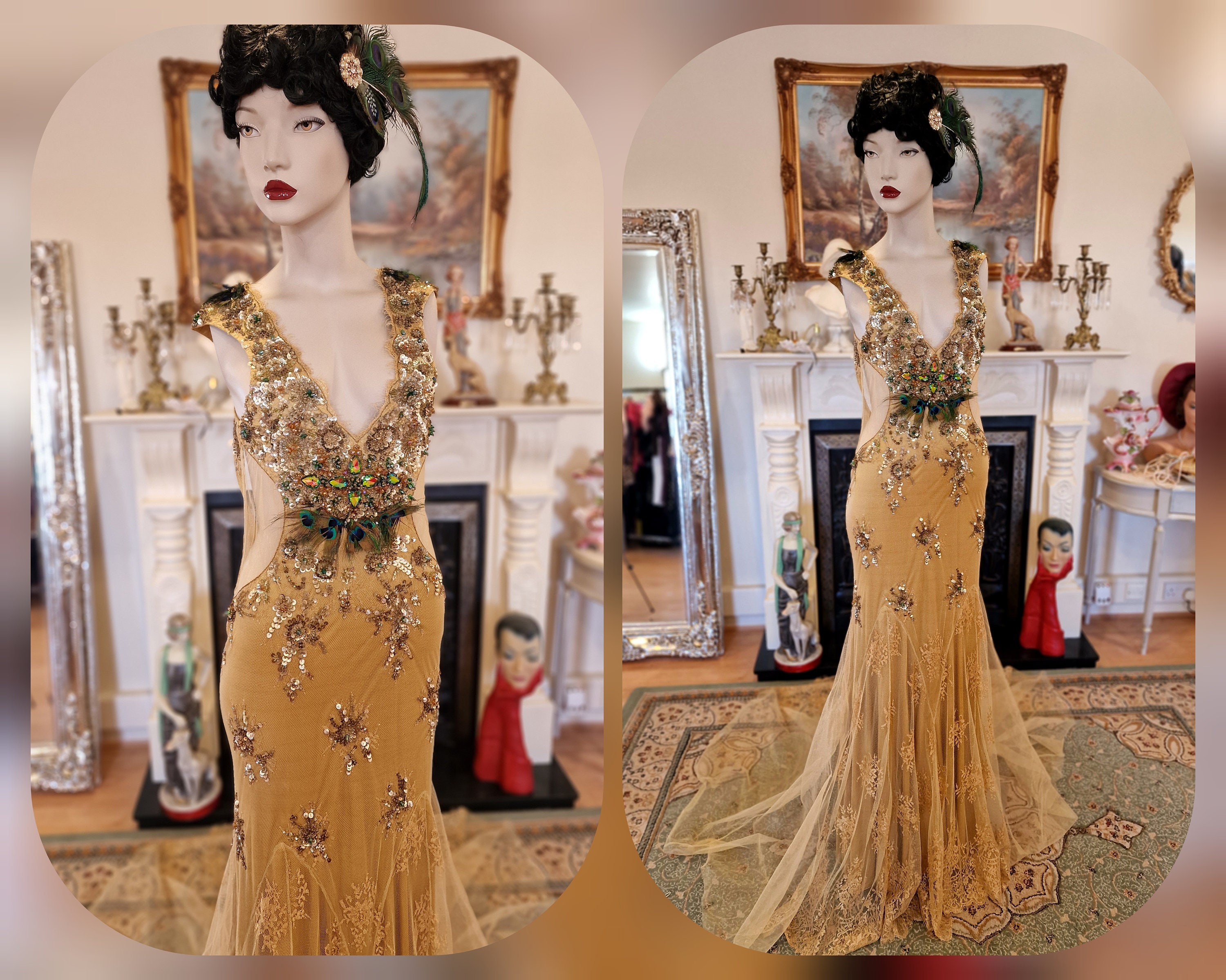 Spectacular vintage 1920s 1930s Art Deco peacock queen sequined beads feathered lace gold maxi floor lengh dress ballgown size UK 6 8 US 2 4