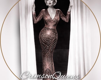 Marlene Dietrich Downton Abbey Great Gatsby flapper shimmery gold black maxi floor length evening formal dress gown size UK 10 US 6