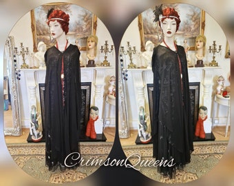 Vintage sheer black Art Deco Maxi 1920s flapper long jacket duster coat black beaded embellishments size UK 18 20 22 24 US 14 16 18 20