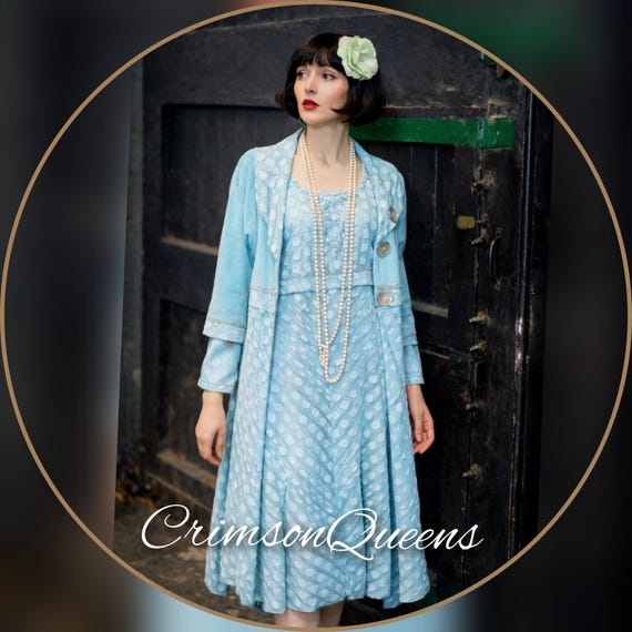 Vintage Art Deco Avant Garde duck egg blue spring dress suit with long matching coat UK 14 16 US 10 12