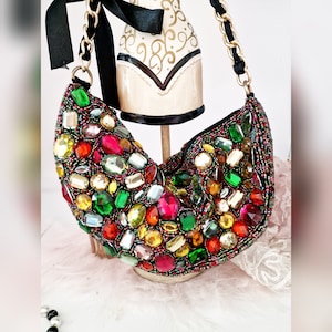 Art Deco beautiful multicoloured rainbow  beaded and embellished kidney shape 80&#39;s disco retro evening bag