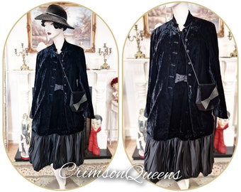Breathtaking vintage retro Audrey Hepburn 1960s black velvet luxurious pleated bow dress and jacket 4-piece suit ensemble size Uk 10 US 6