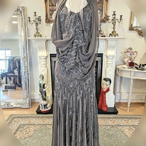 Vintage old silver maxi beaded sequinned evening gown Avant Garde gold stage gown dress with matching scarf size UK 12 US 8