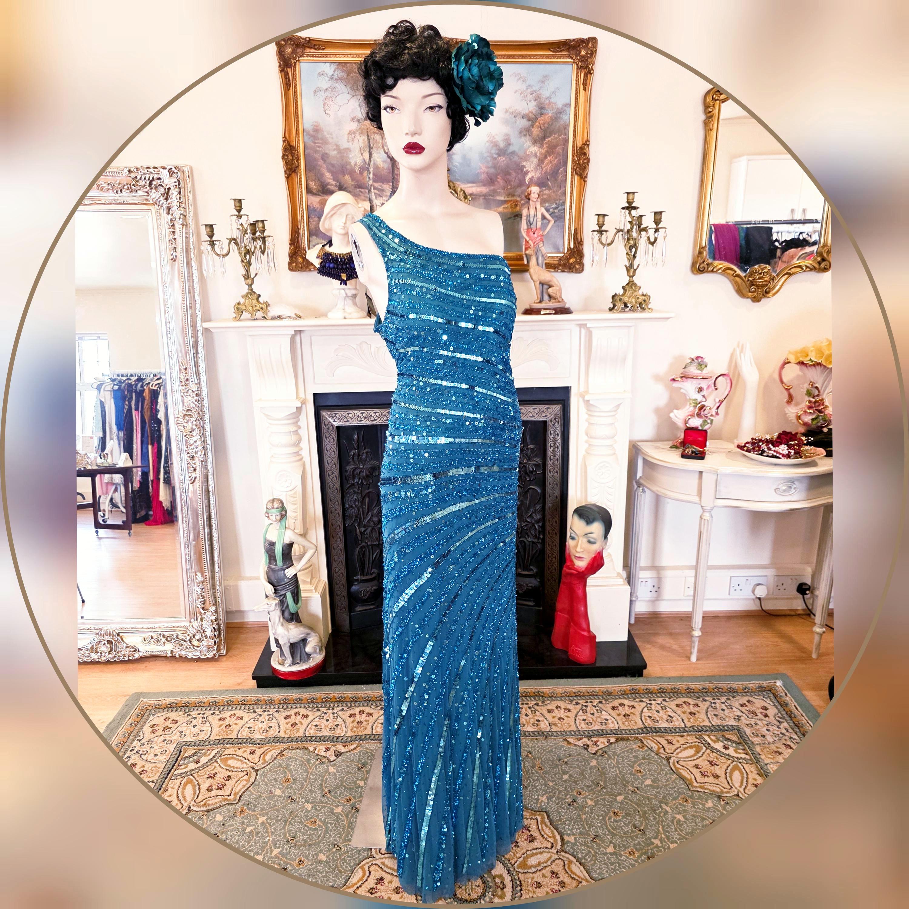1920s 1930s Art Deco maxi long one shoulder emerald green floor length special ocassion gown dress with low cut back size UK 12 US 8 1920s 1930s Art Deco maxi long one shoulder emerald green floor length special ocassion gown dress with low cut back size UK 12 US 8
