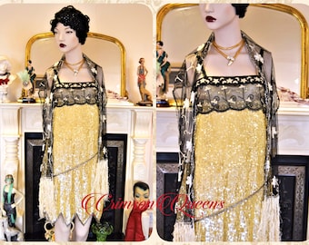 Vintage gold 1920s flapper sequined with antique lace  Great Gastby stage dance romantic dress lace size UK 12 US 8