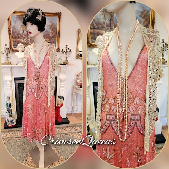 1920s Dress Great Gatsby Dress Flapper Gold Peach Pink Dress