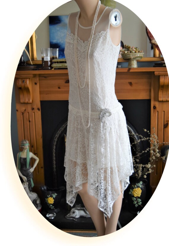1920s wedding dress 1930s wedding dress All Lace Mesh flapper bride Vintage  White Wedding Gown Great Gatsby size UK 8 10 US 4 6 main image 0