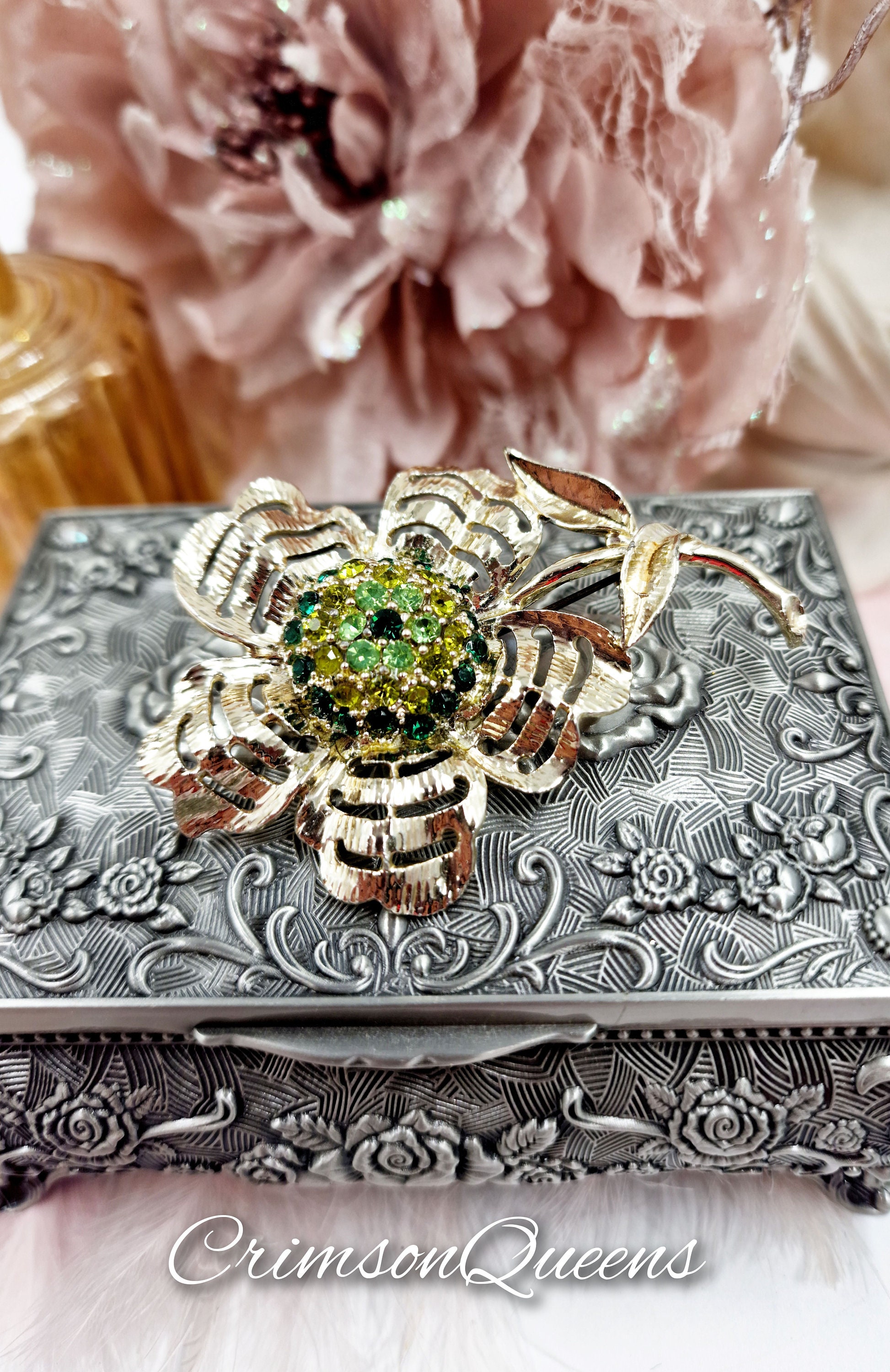 Large Vintage 1980's Signed Art Deco Style Rhinestone L Gold