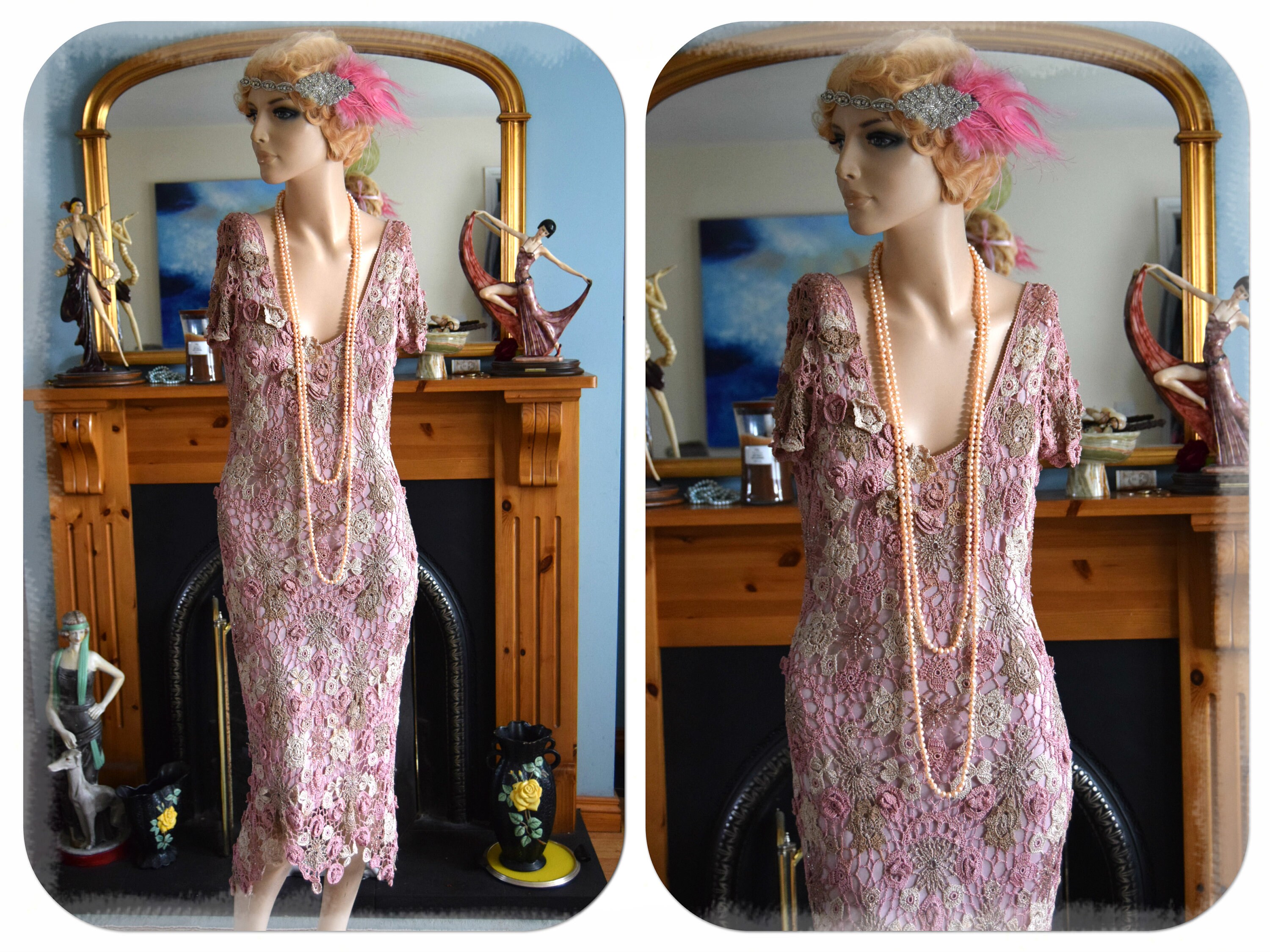 Image of Vintage Dusty Pink Purple Flapper S Downton Abbey Embellished Beaded Floral Dress Size Uk  Us