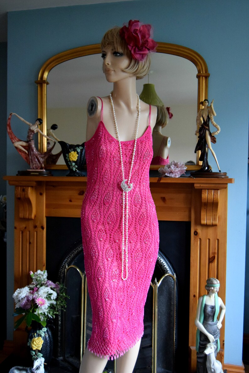 Vintage Crochet Downton Abbey 1920's 30's garden cocktail party magenta pink day dress size UK 10 US 6 image 2