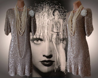 Vintage silver Great Gatsby totally sequinned flapper Downton Abbey shell dress 1920&#39;s charleston dress size UK 10 US 6