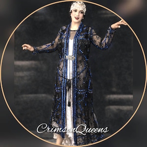 Conjunto de chaqueta larga Art Déco azul vintage con plumero adornado con cristales, abrigo de noche, kimono y plumero, años 20 y 80, tallas: Reino Unido 10, EE. UU. 6