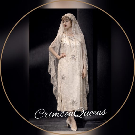 Art Deco Downton Abbey flapper 1920s Great Gatsby vintage embellished beaded cream floral evening wedding dress size UK 16 US 12