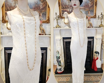 1920s 1930s wedding dress bias cut flapper bride vintages silk white fully beaded wedding gown Great Gatsby dress size UK 10 US 6