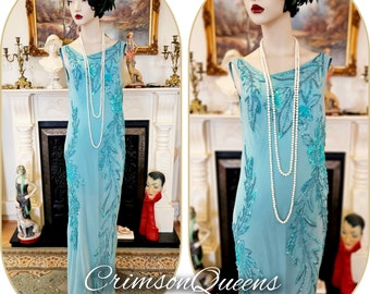 1920s 1930s Art Deco all silk delicate turquoise aqua green with beaded clusters embellishments maxi dress size UK US 8