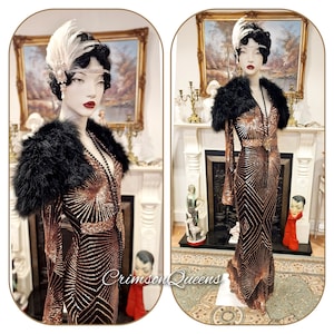 Marlene Dietrich Downwton Abbey Great Gatsby flapper shimmery gold black maxi floor length evening formal dress gown size UK 8 US 4