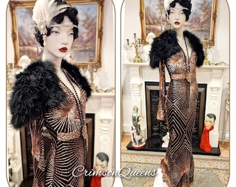 Marlene Dietrich Downwton Abbey Great Gatsby flapper shimmery gold black maxi floor length evening formal dress gown size UK 6 US 2