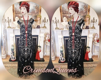 Vintage 1920s heavily sequinned beaded Art Deco Downton Abbey flapper Charleston Jazz era prohibition evening black dress size Uk 12 US 8