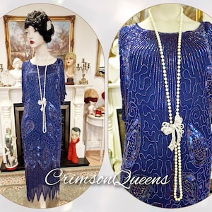 Art Deco dress Flapper dress Downton Abbey dress 1920s dress blue Great Gatsby dress heavily beaded vintage dress cize UK 14 16  US 10 12