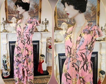 Multicoloured 1920s 1930s  Downton Abbey romantic chiffon ruffled garden party cocktail floral dress with  size UK 8 US 4