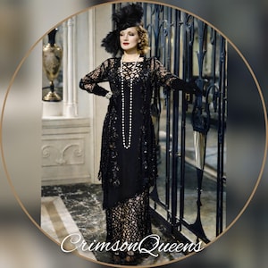 Vintage Made in France Paris Sagaie black 1920s flapper oriental ensemble suit dress duster jacket size UK 12  US 8